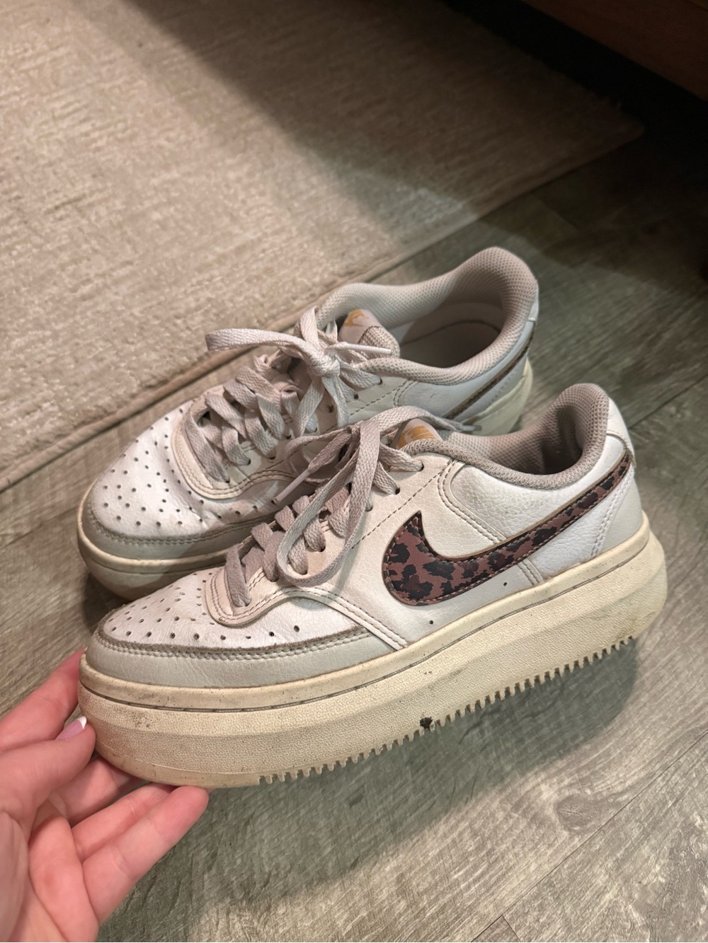 Women's White Platform Sneakers with Leopard Swoosh